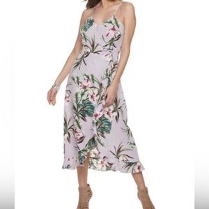 Jennifer Lopez lavender tropical floral palm monstera print ruffle slip dress M